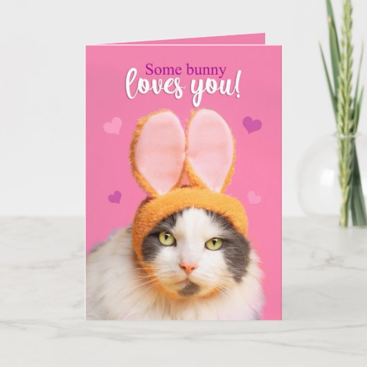 Gelukkig Valentijnsdag grappige kat in Bunny Ears Feestdagen Kaart (Voorkant)