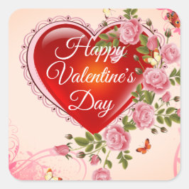 Gelukkig Valentijnsdag hart en bloemen Vierkante Sticker