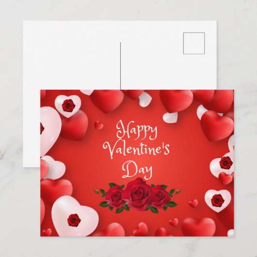 Gelukkig Valentijnsdag rood hart en Roos Briefkaart (Voorkant / Achterkant)
