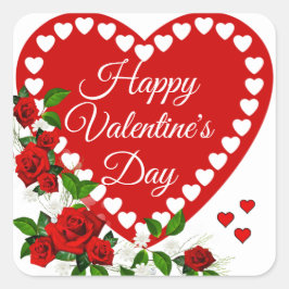 Gelukkig Valentijnsdag rood hart en Rozen Vierkante Sticker