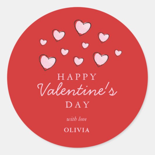 Gelukkig Valentijnsdag Roze harten op rood Ronde Sticker (Voorkant)