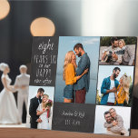 Gelukkig van elkaar na elke huwelijksverjaardag fo fotoplaat<br><div class="desc">Huwelijksjubileum fotobord dat je kunt personaliseren met 5 favoriete foto's en aanpassen voor elk aantal jaren. De tekst luidt "# jaar in ons gelukkig altijd" en de template is klaar voor gebruik zodat je het jubileumjaar, je naam en de datum kunt toevoegen. Het ontwerp heeft een zwart krijtbord-look met casual...</div>
