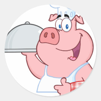 Gelukkig varken chef-kok met een bordje ronde sticker