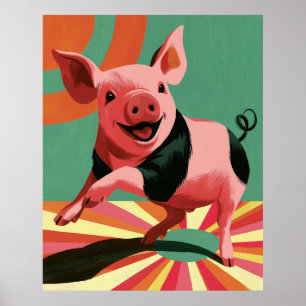 Gelukkig Varken Retro Zonneuitbarsting Kleurrijke Poster