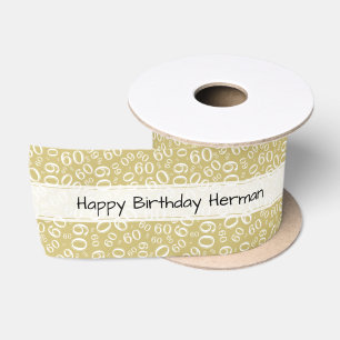 Gelukkig Verjaardag 60 Cijfer Patroon Goud/Wit Satijnen Lint