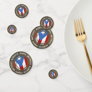 Gelukkig Verjaardag Boricua Thema op Rustiek Hout Confetti