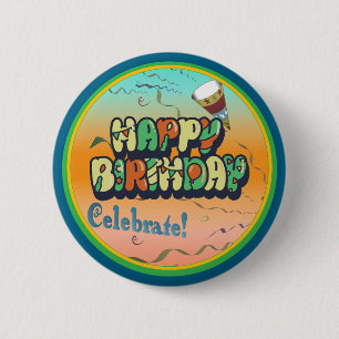 Gelukkig Verjaardag Groen Blauw Geel Oranje Ronde Button 5,7 Cm