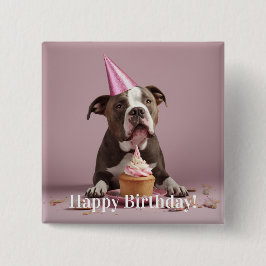 Gelukkig verjaardag! Hond eet cake  Vierkante Button 5,1 Cm