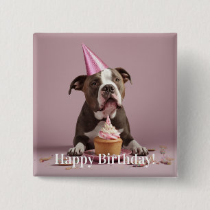Gelukkig verjaardag! Hond eet cake  Vierkante Button 5,1 Cm