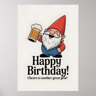 "Gelukkig Verjaardag" Kabouter die een Bier heft Poster