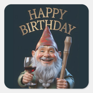 "Gelukkig Verjaardag" Kabouter toast met rode wijn Vierkante Sticker