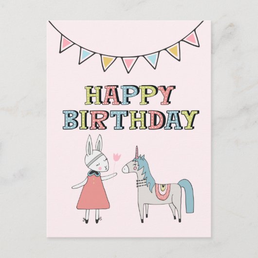 Gelukkig Verjaardag Konijn en Eenhoorn Briefkaart (Voorkant)