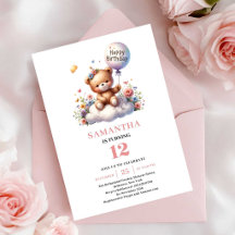 Gelukkig verjaardag meisje met teddybeer en ballon