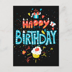 Gelukkig verjaardag op zwart briefkaart