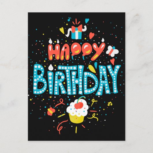 Gelukkig Verjaardag op Zwart Briefkaart (Voorkant)