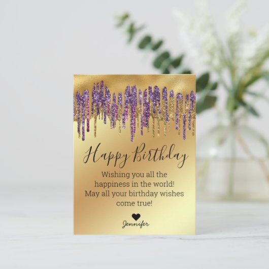 gelukkig verjaardag paars gouden druppelaar metaal briefkaart (Staand voorkant)