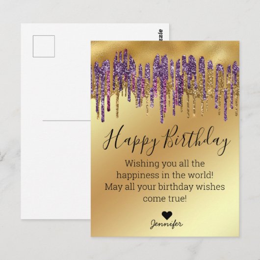 gelukkig verjaardag paars gouden druppelaar metaal briefkaart (Voorkant / Achterkant)