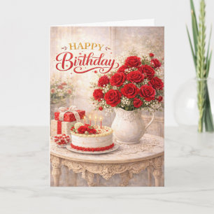 Gelukkig Verjaardag Red Rose Cottage Stilleven Kaart