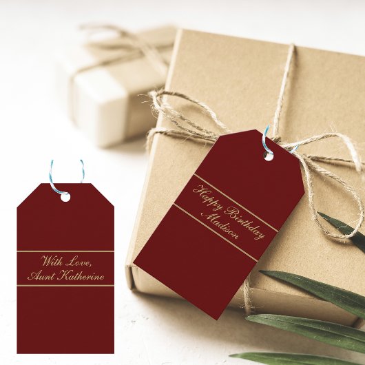 Gelukkig Verjaardag Script Naam Bourgondiërood Gou Cadeaulabel