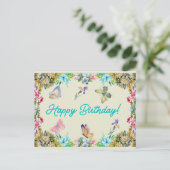 Gelukkig Verjaardag Vintage Waterverf Bloemen Briefkaart (Staand voorkant)