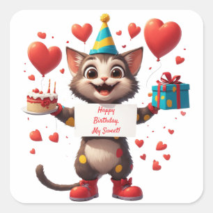 Gelukkig Verjaardags Kitten Met Ballonnen 🎁 Vierkante Sticker