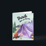 Gelukkig Verjaardagsmeisje Paarse Tent Bedankkaart<br><div class="desc">Campingethemd dankkaartje - perfect voor een achtertuin bbq,  picknick of verjaardagsfeestje buiten. Dit mint en lila aquarelontwerp heeft berg- en boslandschap met tent,  kampvuur en smores. De titel luidt "hartelijk dank" en de resterende dankboodschap is volledig aanpasbaar.</div>
