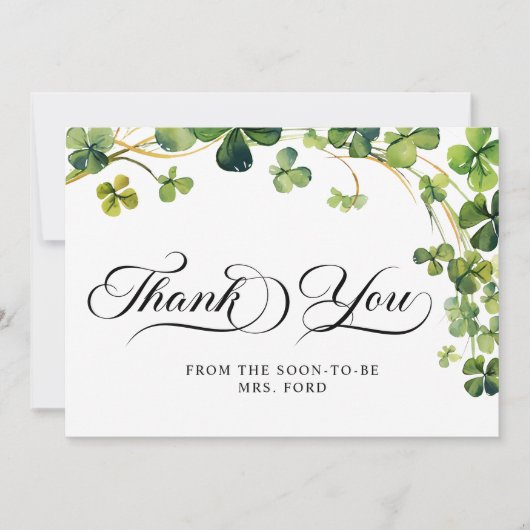 Gelukkig Verliefd Bruidsbruiloft Groene Klaverblad Bedankkaart (Voorkant)