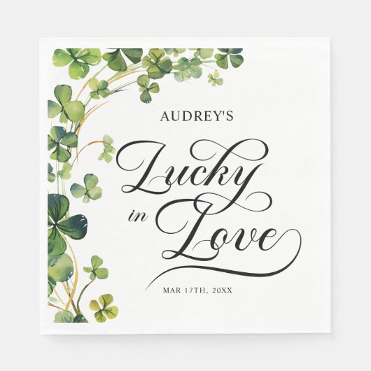 Gelukkig Verliefd Bruidsbruiloft Groene Klaverblad Servet (Voorkant)