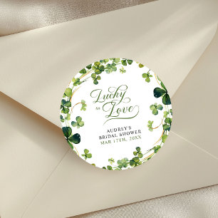 Gelukkig Verliefd Bruidsfeestje Groene Klaverblad Ronde Sticker