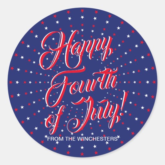 Gelukkig Vierde het rode witte blauwe sterren van  Ronde Sticker (Voorkant)