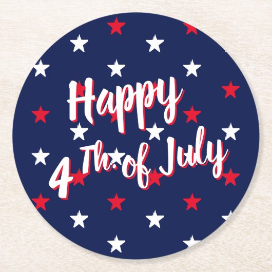 Gelukkig vierde juli, rode witte marineblauwe ster ronde kartonnen onderzetter (Voorkant)
