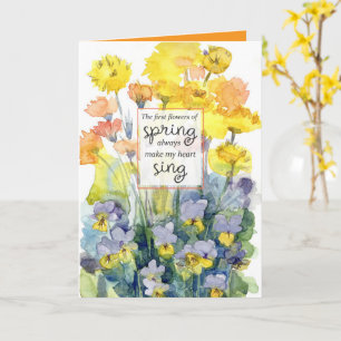 Gelukkig Voorjaar Gele Paarse Bloemen Aquarel Kaart