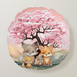 Gelukkig vosfamilie die geniet van de lente dag rond kussen