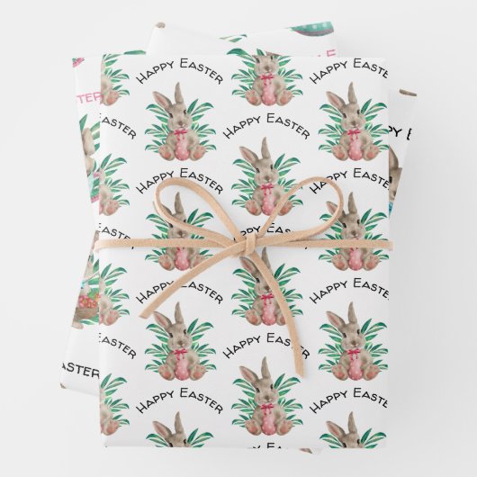 gelukkig waterverf bunny 3 verschillende patronen inpakpapier vel (In situ)