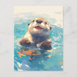 Gelukkig Waterverf Otter Zwemt Briefkaart