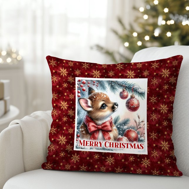 Gelukkig winterscene baby hert Kerstkussen Kussen (Happy winter scene baby fawn Christmas pillow (48))