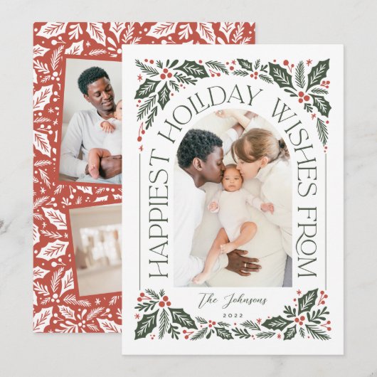 Gelukkig Wishes Arch Holly Berry 3 Foto Collage Feestdagenkaart (Voorkant / Achterkant)