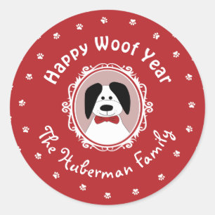 'Gelukkig Woof Jaar' Mooie Hond Kerstmis Ronde Sticker