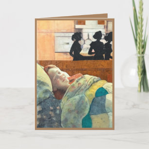 gelukkig zieke meisje in bed wordt verzorgd, word  kaart