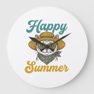 Gelukkig Zomer Kat Vintage Gravure Shirt Ontwerp_1 Grote Klok