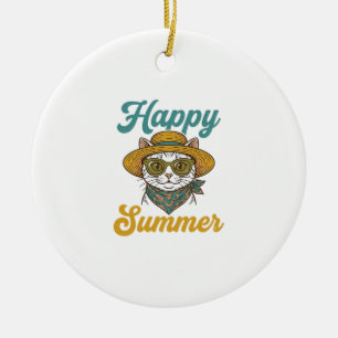 Gelukkig Zomer Kat Vintage Gravure Shirt Ontwerp_1 Keramisch Ornament
