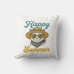 Gelukkig Zomer Kat Vintage Gravure Shirt Ontwerp_1 Kussen
