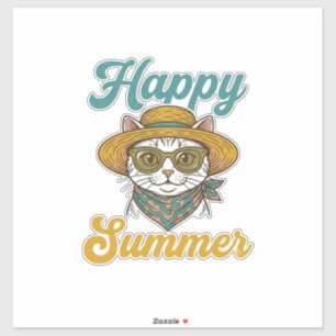 Gelukkig Zomer Kat Vintage Gravure Shirt Ontwerp_1 Sticker