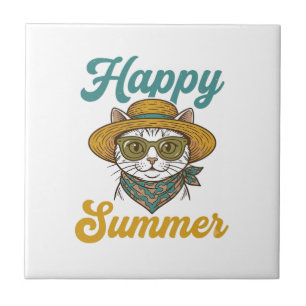 Gelukkig Zomer Kat Vintage Gravure Shirt Ontwerp_1 Tegeltje