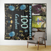 Gelukkige 100e Verjaardag Blauwgroen Blue Glitter  Wandkleed (In Situ (horizontaal))