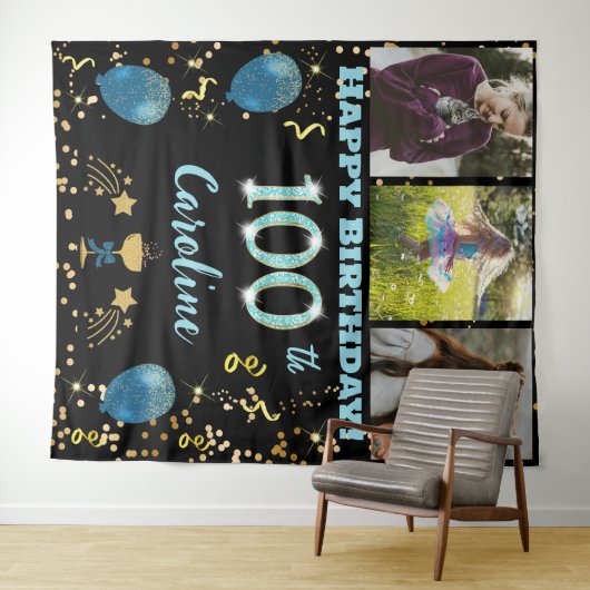 Gelukkige 100e Verjaardag Blauwgroen Blue Glitter  Wandkleed (In Situ (horizontaal))