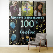 Gelukkige 100e Verjaardag Blauwgroen Blue Glitter  Wandkleed (In situ)