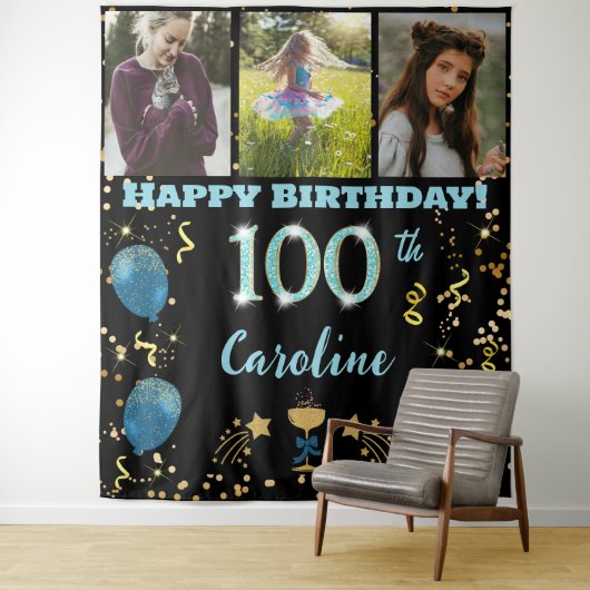Gelukkige 100e Verjaardag Blauwgroen Blue Glitter  Wandkleed (In situ)