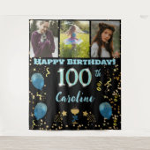 Gelukkige 100e Verjaardag Blauwgroen Blue Glitter  Wandkleed (Voorkant)
