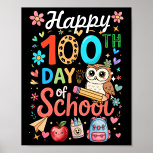 Gelukkige 100ste Schooldag Kleurrijke Uil Studente Poster